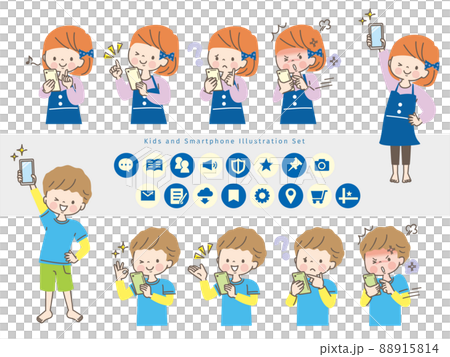 スマホを操作する子ども達の表情セット 88915814