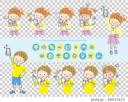 スマホを操作する子ども達の表情セット スマホを操作する子ども達の表情セット 88915815