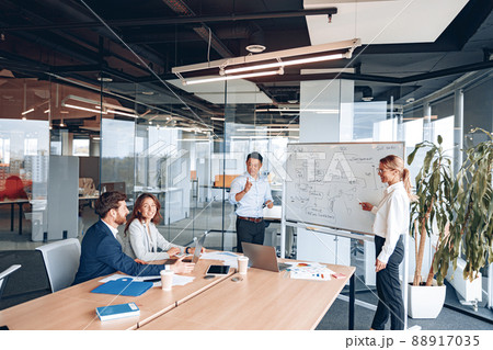 Asian man and woman conducts a meeting for employees near a flipchart and explains the work strategy Asian man and woman conducts a meeting for employees near a flipchart and explains the work strategy 88917035