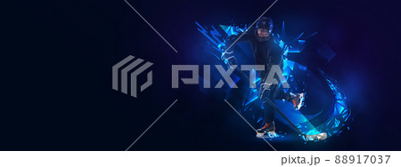 Young man, professional hockey player in protective uniform training isolated on dark background polygonal, fluid neon elements. Concept of sport Young man, professional hockey player in protective uniform training isolated on dark background polygonal, fluid neon elements. Concept of sport 88917037