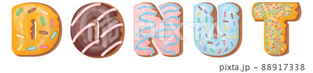 Donut text in sweet food style with glazing and sprinkles. Decorative heading Donut text in sweet food style with glazing and sprinkles. Decorative heading 88917338