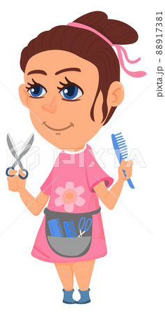 Barber girl with scissors and hair brush. Kid profession character Barber girl with scissors and hair brush. Kid profession character 88917381