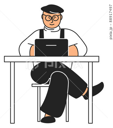 Man sitting at desk and working on laptop. Freelancer character 88917497
