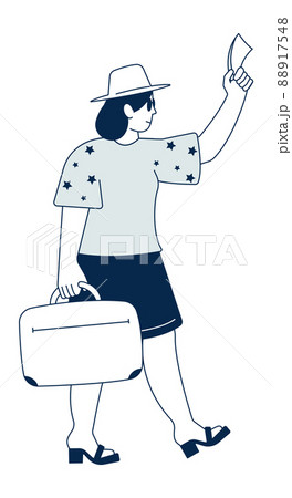 Female traveler with bag and tickets. Tourist woman character Female traveler with bag and tickets. Tourist woman character 88917548