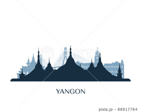 Yangon skyline, monochrome silhouette. 88917764