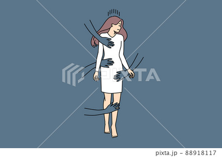 Hands of men touching stressed hurt woman Hands of men touching stressed hurt woman 88918117