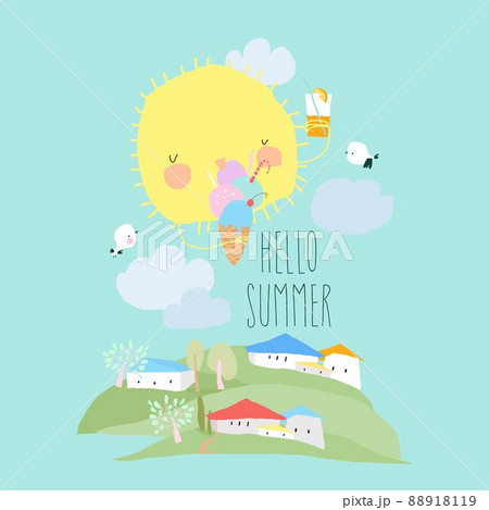 Cute Cartoon Sun eating Ice cream. Hello Summer Cute Cartoon Sun eating Ice cream. Hello Summer 88918119