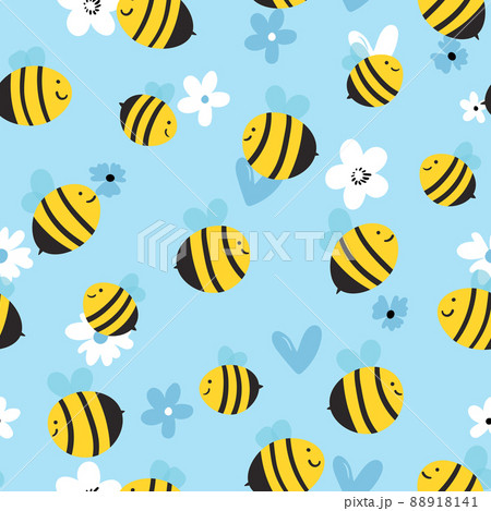 Seamless pattern with bees on floral background. Small wasp. Vector illustration. Adorable cartoon character. Template design for invitation, cards, textile, fabric. Doodle style 88918141