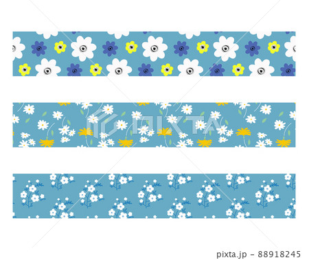 北欧風花柄の帯イラストセット 水色 のイラスト素材 8145
