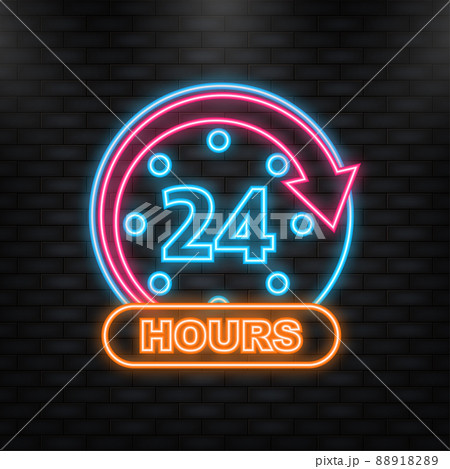 Neon Icon. 24 7 open on businnes banner on doors. Vector illustration 88918289