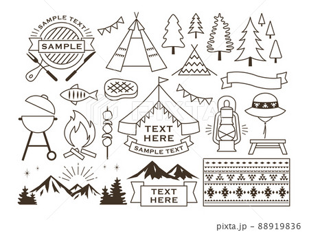 アウトドアキャンプ線画アイコンセット 88919836