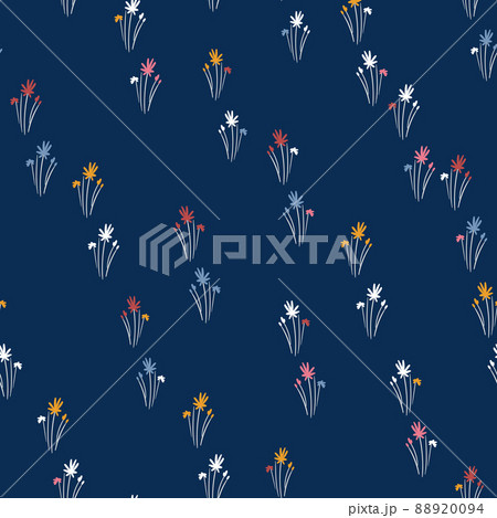 Seamless floral pattern based on traditional folk art ornaments. Colorful flowers on color background. Scandinavian style. Sweden nordic style. Vector illustration. Simple minimalistic pattern 88920094