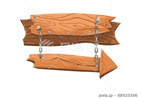 Wooden signpost. Guidepost with vintage chains, vector isolated 88920306