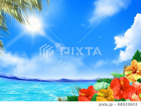 太陽の光差し込む青い空の下 美しい海沿いにヤシの木とハイビスカスの咲く夏のおしゃれフレーム背景素材のイラスト素材 0603