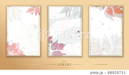 Backgrounds set. Luxurious golden wallpaper. White background and beige watercolor, beautiful golden birch leaves with a shiny light texture. Wall mural of contemporary art. Vector illustration. Backgrounds set. Luxurious golden wallpaper. White background and beige watercolor, beautiful golden birch leaves with a shiny light texture. Wall mural of contemporary art. Vector illustration. 88920731