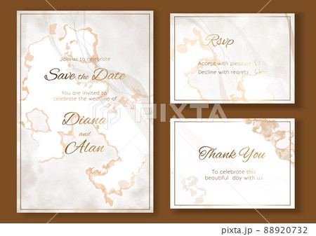 Wedding marble invitations golden lines. Beige marble background. Pastel shades. Save the date, thanks. Card design for certificate. Golden lines of flowers. Vector art template set 88920732