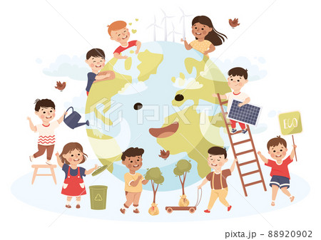 Cute Kids Caring About Earth Planet Saving World Vector Illustration 88920902