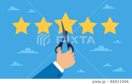 Rating decrease. Five stars, hand holding scissors, negative opinion about the company, customer voting, client feedback, reputation drop, bad rate vector cartoon flat concept 88921006