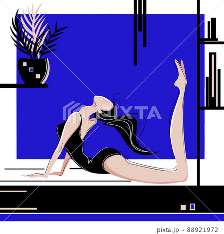 Girl doing stretching yoga fitness gymnastics. Illustration vector minimalism art.  88921972