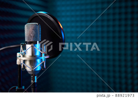 Studio chrome microphone on acoustic foam panel background, Studio chrome microphone on acoustic foam panel background, 88921973