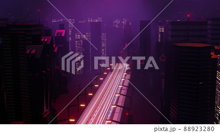 3d render of Cyber punk night city landscape concept. Light glowing on dark scene.  Night life. Technology network for 5g. Beyond generation and futuristic of Sci-Fi Capital city and building scene. 88923280