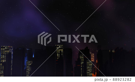 3d render of Cyber punk night city landscape concept. Light glowing on dark scene.  Night life. Technology network for 5g. Beyond generation and futuristic of Sci-Fi Capital city and building scene. 88923282