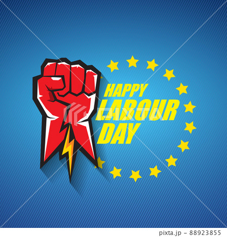 1 may Happy labour day vector label with strong protest fist in the air on blue background. vector happy labor day background or banner with man hand. workers may day poster 88923855