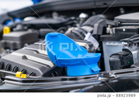 Blue cap of the tank for windshield washer fluid, close up. Blue cap of the tank for windshield washer fluid, close up. 88923989