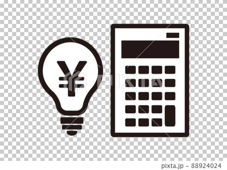 電気料金をイメージした電球と電卓アイコンイラスト（白黒） 88924024