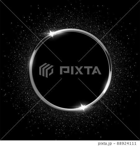 Silver sparkling ring with glitter isolated on black background. Vector luxury silver frame. 88924111