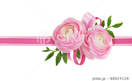 Pink silk ribbons and ranunculus flowers in a floral arrangement isolated on white 88924139