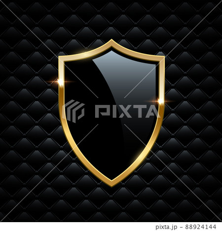 Black shield with golden frame isolated on VIP background. Vector luxury design element. Black shield with golden frame isolated on VIP background. Vector luxury design element. 88924144