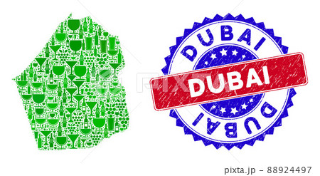 Bicolor Dubai Scratched Stamp and Winery Composition of Dubai Emirate Map 88924497