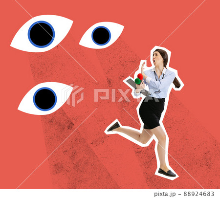 Contemporary art collage. Woman, journalist running from many eyes looking isolated over red background. Social influence 88924683