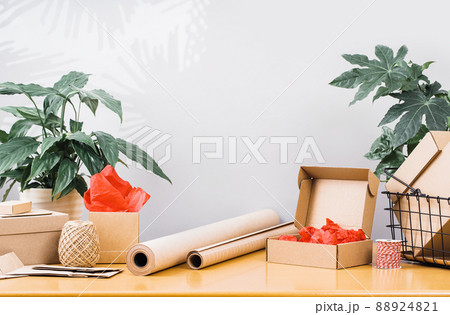 Wrapping, eco pack, parcel, hand craft, handmade on desk. Wrapping, eco pack, parcel, hand craft, handmade on desk. 88924821