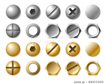 Realistic nails caps. Steel and golden fastener elements. Self-tapping screws and bolts heads. Different types slots. Straight and cruciform. Repair or build tools. Vector fastenings set 88925009