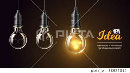 Realistic light bulbs idea poster. Glow lamp. Creative and inspiration energy. Electricity objects. Business insight. Lightbulb classical shape. Hanging on wire lantern. Vector concept 88925012