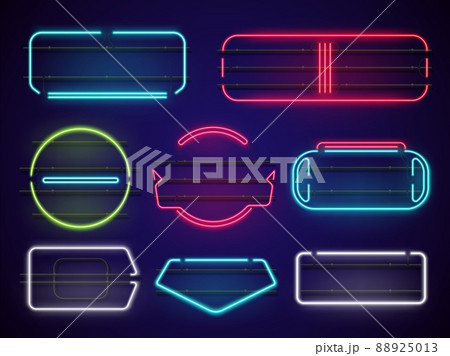 Realistic blank neon frames. Glowing borders on dark background. Fastening structures. Geometric shapes. Round and square signboards. Advertising signs. Vector luminous elements set 88925013