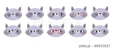 Funny raccoon emoji stickers. Cartoon forest character. Little forest animal faces. Different emotions. Positive and negative mood. Happy or sad snouts. Vector muzzle emoticons set Funny raccoon emoji stickers. Cartoon forest character. Little forest animal faces. Different emotions. Positive and negative mood. Happy or sad snouts. Vector muzzle emoticons set 88925037