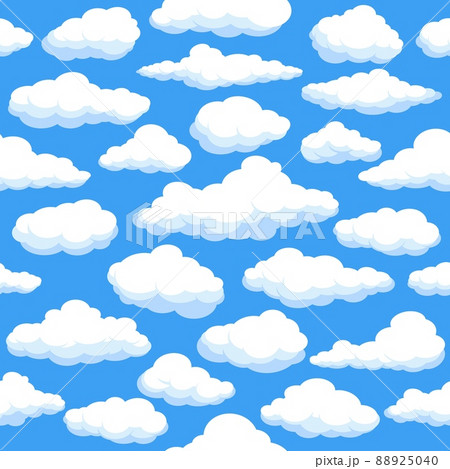 Fluffy clouds seamless pattern. Cartoon white cumulus in blue sky. Peaceful heaven. Atmosphere phenomena. Summer cloudscape. Repeated natural elements. Cloudy shapes. Vector background Fluffy clouds seamless pattern. Cartoon white cumulus in blue sky. Peaceful heaven. Atmosphere phenomena. Summer cloudscape. Repeated natural elements. Cloudy shapes. Vector background 88925040