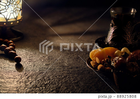 Dried fruits and tea lighten by lantern 88925808