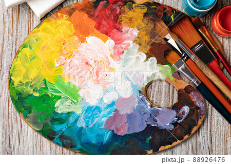 art palette with colorful mixed paints art palette with colorful mixed paints 88926476
