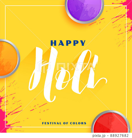 happy holi wishes card with plates of gulal colors 88927682
