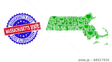 Bicolor Massachusetts State Grunge Seal Stamp with Composition of Massachusetts State Map 88927930
