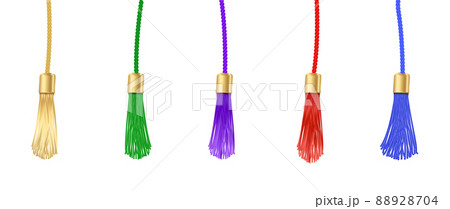 Tassel. Vector fringe or handbag accessory, graduate hat isolated on white background. Multicolor 3d rope with tassel, hanging window curtain decoration element design Tassel. Vector fringe or handbag accessory, graduate hat isolated on white background. Multicolor 3d rope with tassel, hanging window curtain decoration element design 88928704