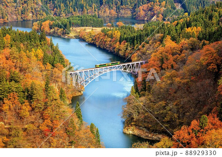 只見線 紅葉が美しい第一只見川橋梁を渡るキハE120形【福島県三島町】 只見線 紅葉が美しい第一只見川橋梁を渡るキハE120形【福島県三島町】 88929330