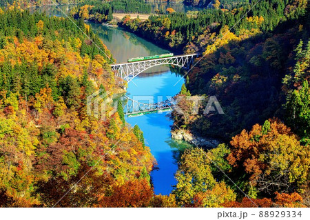 只見線　錦秋の第一只見川橋梁を渡るキハ40系【福島県三島町】 88929334