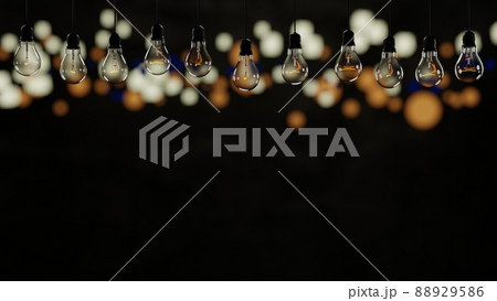 Hanging light bulbs outdoor party with bokeh, thin focus, night life festival concept, 3D rendering. Hanging light bulbs outdoor party with bokeh, thin focus, night life festival concept, 3D rendering. 88929586