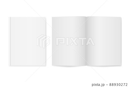 Magazine mockup. Open book isolated. Realistic booklet template on white backdrop. Clean brochure with soft shadow. Paper catalog top view. Vector illustration 88930272