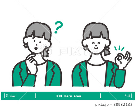 悩んでいる表情と解決して笑顔の表情の女性アイコンイメージベクター素材 88932132